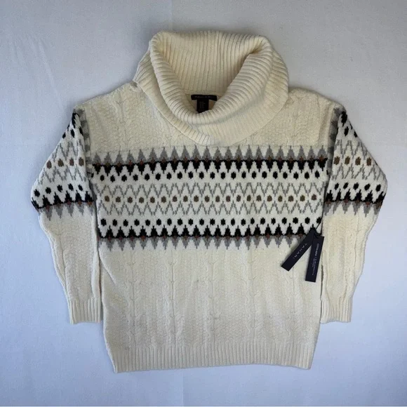 Tahari Fair Isle Turtleneck Sweater Ivory Knit XS Cozy Winter Oversized - Picture 4 of 9